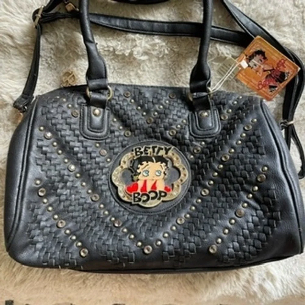 Betty Boop Black Woven Faux Leather Studded Satchel Crossbody Bag Y2K Retro
